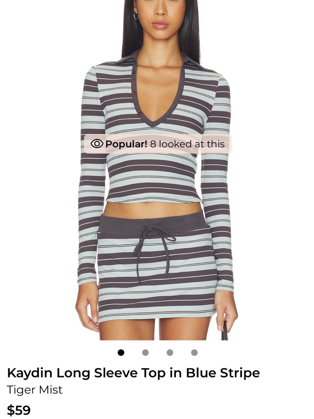 Tiger Mist Striped V‑Neck Long Sleeve Crop Top in Blue and Charcoal
